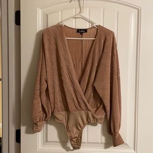 Lulus Mauve Pink Pleated Faux Wrap Bodysuit